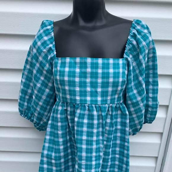Amanda Uprichard  Lucietta Blue Plaid Babydoll Ruffle Puff Sleeve Mini Dress - Picture 3 of 4